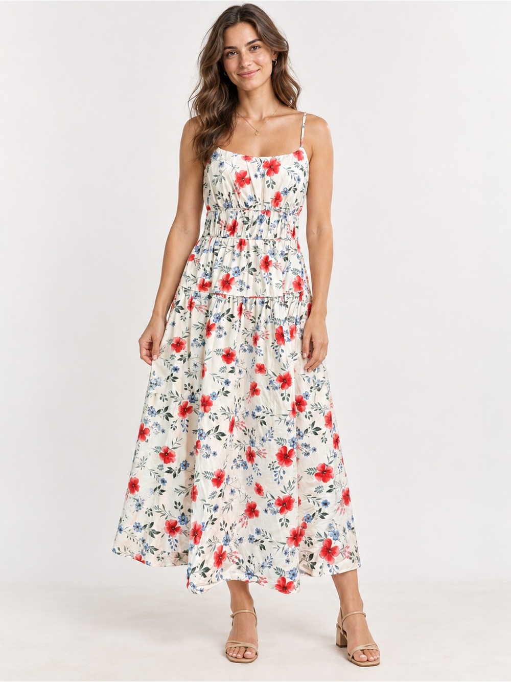 Band of the Free Floral Tiered Summer Dress - Cream with Red & Blue Flower